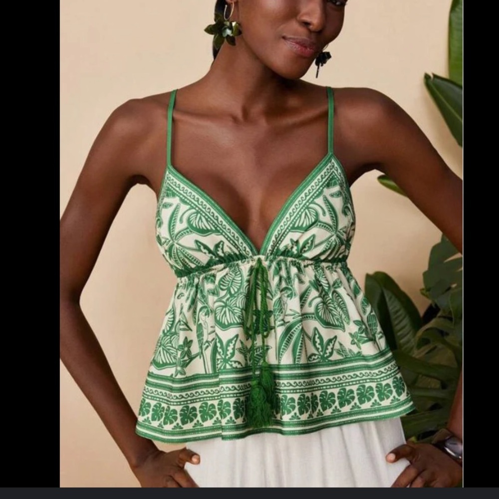 Green White Floral Top w/ Tassel Babydoll Festival Vacation Wear Boho Size OS